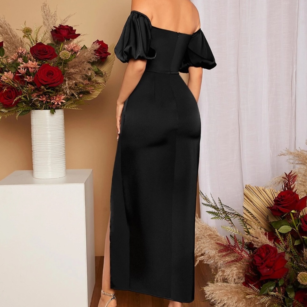 Swivel front thigh bare bridesmaid dress with satin opening